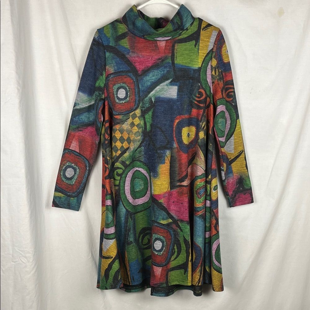 Geometric Abstract Art Turtleneck Long Sleeve Midi Dress
